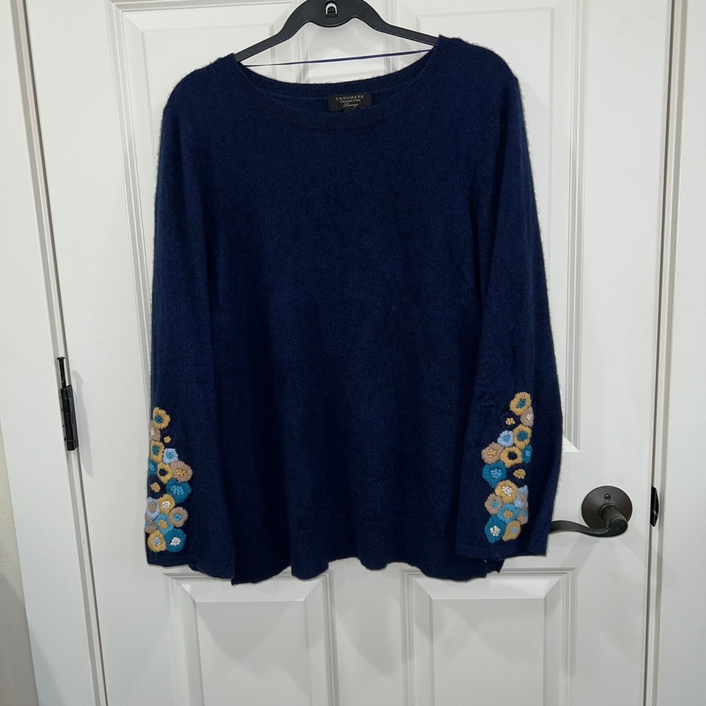 Charter Club Cashmere‎ Crewneck Sweater Embroidered Floral Bell Sleeves Navy L